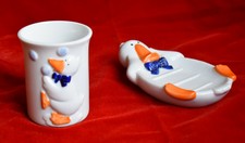 Vintage Child's Whimsical Porcelain  Duck Soap Dish and Tumbler Set