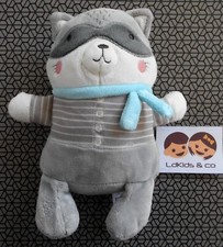 DOUDOU PELUCHE MOTS D'ENFANTS RATON LAVEUR GRIS RAYE ECHARPE BLEU 20 cm D992