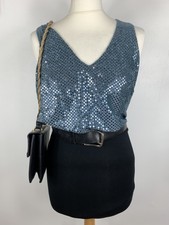 Vintage Bhs 90 S Y2K Bleu Paillettes Sequin Disco V Neck Swing Débardeur, 12 14