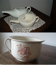 Lot XIXe vase de nuit, 2 canards de malade dont Sarreguemines, rince oeil verre.