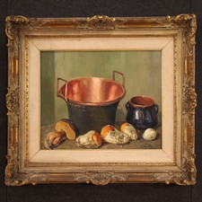 Nature morte signée tableau huile sur tablette peinture avec cadre champignons