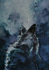 ENARA Art deco tableau peinture encre signée sur papier Loup bleu / Blue Wolf