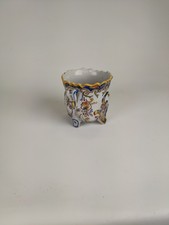 Ancien vase cache pot vieux Rouen faïence décor floral personnage polychrome