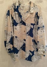 Chemisier beige et bleu imprimé dentelle sans repassage T52 (2206223)