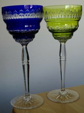 2 ANCIENS VERRES A VIN ART DECO ROEMER CRISTAL DOUBLE COLORE MOUSSE BLEU COBALT