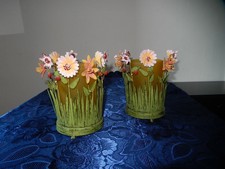 PAIRE BOUGEOIRS FLEURIS PEINTS TÔLE OU PHOTOPHORE BOUGIE DÉCORATION VERRE JAUNE