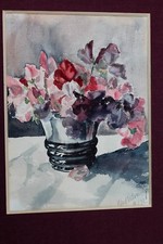 Aquarelle vase au bouquet de fleurs signée LE BIHAN