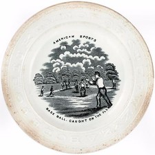 1860's Alphabet Child's Plate Base Ball Caught on the Fly Baseball Staffordshire