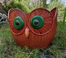 Cache Pot en Rotin  Osier Vintage 70/80  forme tete de chouette DN2985