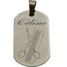 pendentif acier personnalisé gravé +coiffeur ,coiffeuse peigne ciseaux + prénom