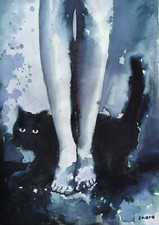 ENARA Art deco toile tableau peinture encre signée papier Chat noir Femme nue