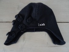 Bonnet cache oreilles tricoté laine noir brodé IKKS avec fleurs Taille 50-52 cm