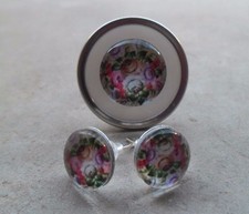 Parure thème fleurs bague bouton vintage boucles d'oreilles cabochons verre