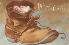 CPA fantaisie - BONNE ANNEE - Bébé dormant dans une chaussure-lit 