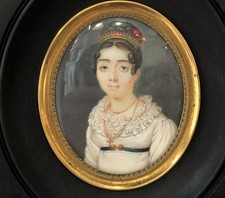Ancienne miniature encadrée d'époque EMPIRE portrait de jeune fille Diadème XIX