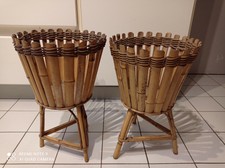 2 ANCIENS CACHES POTS BAMBOU ROTIN OSIER TRIPODE SCANDINAVE