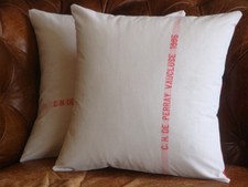 Paire HOUSSE coussin (drap blanc vintage rayure rouge brodé toile neuve cerise)