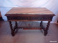 Ensemble table chêne Louis 13 dessus marbre et 4 chaises