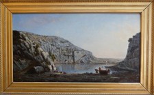 GRAND & MAGNIFIQUE TABLEAU XIXe...CALANQUE ANIMÉE DE MARINS AU SOLEIL COUCHANT