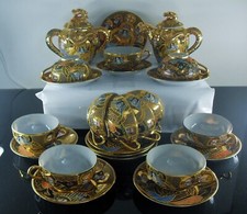 ANCIENNE SERVICE A THE 10 TASSES EN PORCELAINE DECOR SATSUMA EN OR JAPON SIGNE
