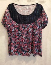 T-shirt coton bleu marine et petites fleurs T48 (2205222) 