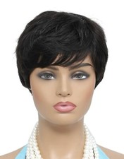 Perruque Courte 100% Humain Indiens Noir Frange Coiffure Naturelle Pixie +CADEAU