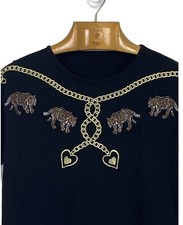 Vtg Womens 80s 90s -Size M -Black Cotton Embroidered T-Shirt-Leopards Gold Chain
