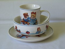 LOT DE 3 PIECES VAISSELLE ENFANT - FAIENCE - DECOR OURS - ASSIETTE+BOL+MUG -