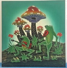 Vintage Batik Cloth Textile Art Frog Band Guitar Violin Mushrooms Home Framed