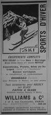 PUBLICITÉ DE PRESSE 1911 WILLIAMS & C° ÉQUIPEMENTS COMPLETS SKI SPORTS D'HIVER