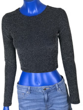 H&M Pull Femme Noir Scintillant Haut Soir Manche Longue Col Rond Top Qualité TXS