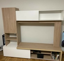 Meuble TV avec nombreux rangement couleur Blanc/Bois Clair,