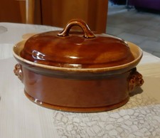 ANCIENNE TERRINE PLAT A PATE EN TERRE CUITE VERNISEE - DECOR LION