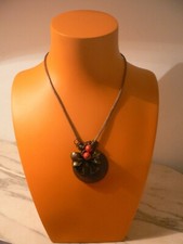 ANCIEN COLLIER PENDENTIF HOUX CORDON MARRON VINTAGE 1970 1980 BIJOUX ACCESSOIRE