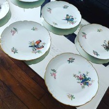 Rare ensemble de 6 Assiettes Porcelaine Limoges Motifs Vermeil+Couvert Dessert 