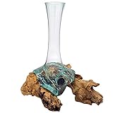 Racine avec vase en verre, Vase en verre sur bois,