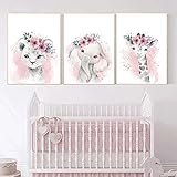 3 Affiches Animaux Chambre Bebe Fille Rose Tableau